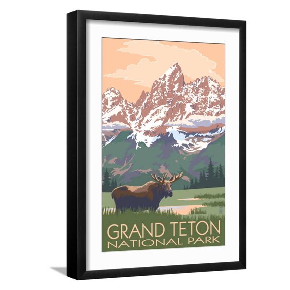 Art.com Grand Teton National Park - Moose and Mountains Art Print by Lantern Press, Black Frame Wall Art, 17" x 23"