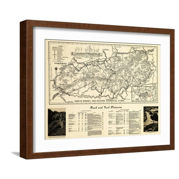 Art.com Great Smoky Mountains National Park - Panoramic Map Art Print by Lantern Press, Brown Frame Wall Art, 21" x 17"