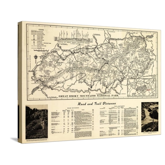 Art.com Great Smoky Mountains National Park - Panoramic Map Stretched Canvas Print Wall Art by Lantern Press, 32" x 24"