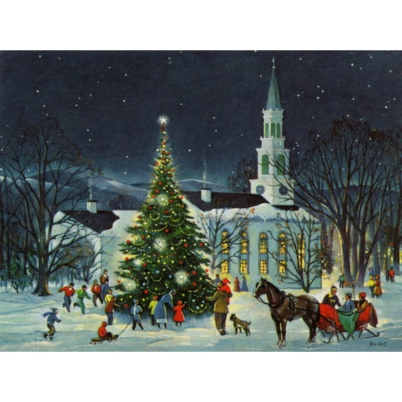 Art.com Greeting Card - White Church with Large Tree and People Surrounding Art Print, 16" x 12"