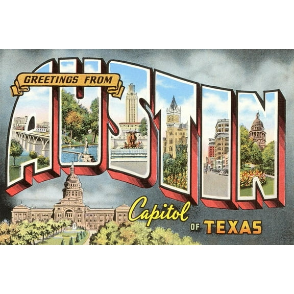 Art.com Greetings from Austin, Texas Art Print, 36" x 24"