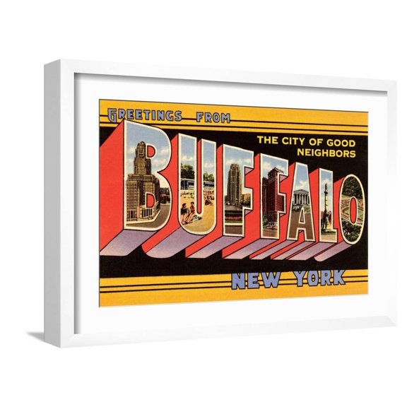 Art.com Greetings from Buffalo, New York Art Print, White Frame Wall Art, 23" x 17"