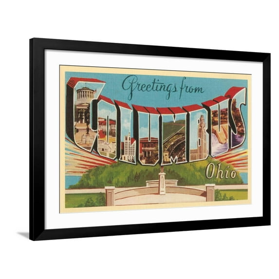 Art.com Greetings from Columbus, Ohio Art Print, Black Frame Wall Art, 44" x 32"