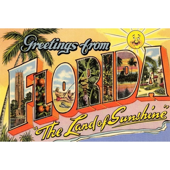 Art.com Greetings from Florida, Land of Sunshine Art Print, 18" x 12"