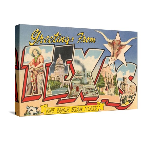 Art.com Greetings from Texas Stretched Canvas Print Wall Art, 24" x 16"