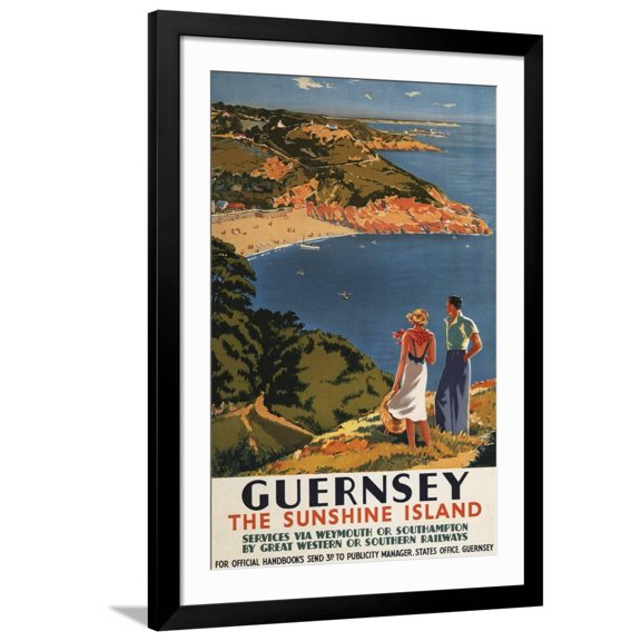 Art.com Guernsey, England - Southern/Great Western Rail Couple on Cliff Poster Art Print by Lantern Press, Black Frame Wall Art, 32" x 44"