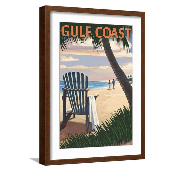 Art.com Gulf Coast - Adirondack Chairs and Sunset Art Print by Lantern Press, Brown Frame Wall Art, 17" x 23"