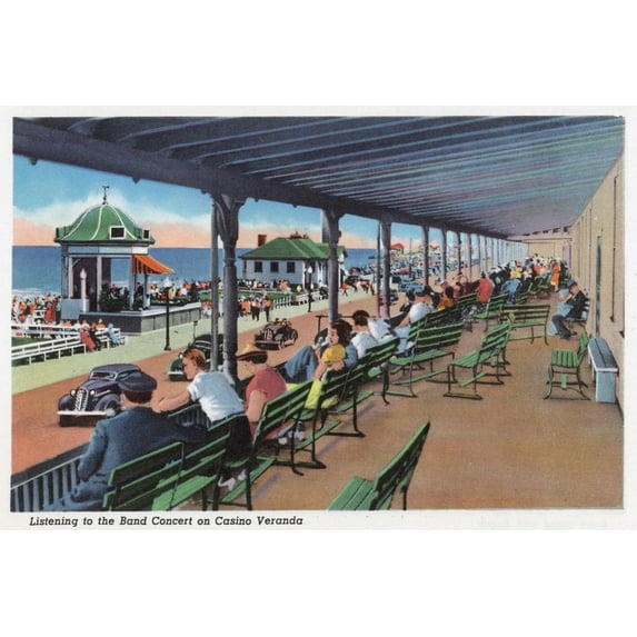 Art.com Hampton Beach, NH, Listening to the Band on the Casino Veranda Scene Art Print by Lantern Press, 36" x 24"
