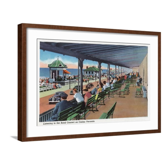 Art.com Hampton Beach, NH, Listening to the Band on the Casino Veranda Scene Art Print by Lantern Press, Brown Frame Wall Art, 29" x 21"