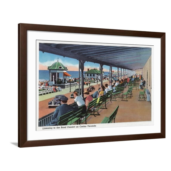 Art.com Hampton Beach, NH, Listening to the Band on the Casino Veranda Scene Art Print by Lantern Press, Brown Frame Wall Art, 44" x 32"