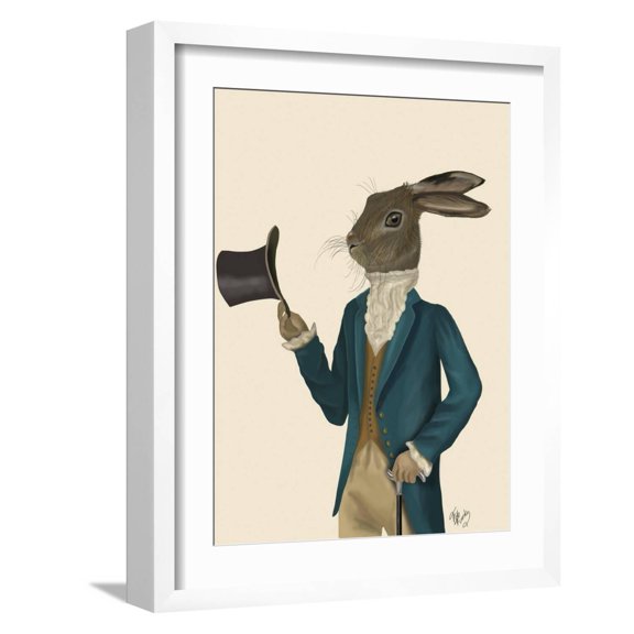 Art.com Hare in Turquoise Coat Art Print by Fab Funky, White Frame Wall Art, 17" x 21"