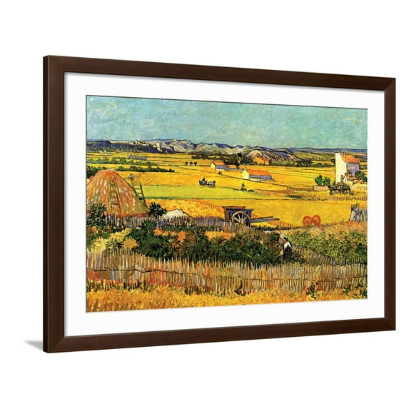 Art.com Harvest at La Crau with Montmajour in the Background Art Print by Vincent van Gogh, Brown Frame Wall Art, 44" x 32"