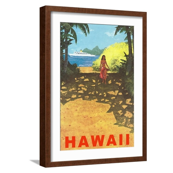 Art.com Hawaii, Cruise Liner, Girl on Beach Path Art Print, Brown Frame Wall Art, 17" x 23"