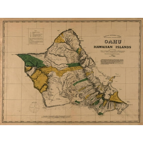 Art.com Hawaii - Panoramic Oahu Island Map Art Print by Lantern Press, 16" x 12"