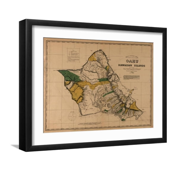 Art.com Hawaii - Panoramic Oahu Island Map Art Print by Lantern Press, Black Frame Wall Art, 21" x 17"