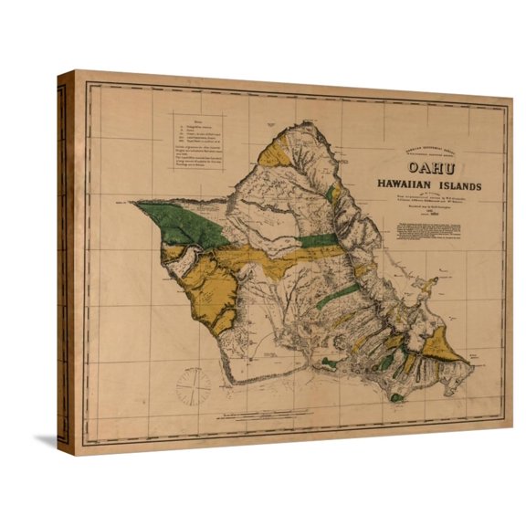 Art.com Hawaii - Panoramic Oahu Island Map Stretched Canvas Print Wall Art by Lantern Press, 24" x 18"