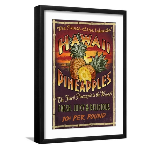 Art.com Hawaiian Pineapple Art Print by Lantern Press, Black Frame Wall Art, 17" x 23"