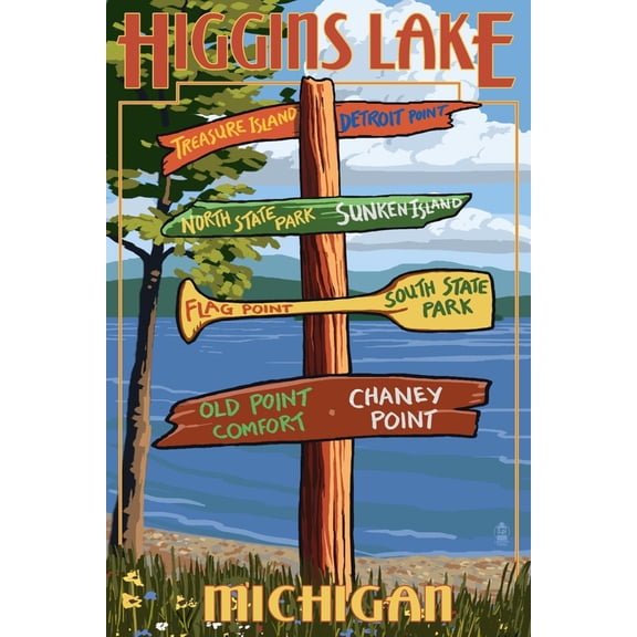 Art.com Higgins Lake, Michigan - Sign Post Art Print by Lantern Press, 16" x 24"
