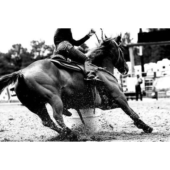 Art.com High Contrast, Black and White Closeup of a Rodeo Barrel Racer Making a Turn at One of the Barrels Photographic Print by Lincoln Rogers, 18" x 12"