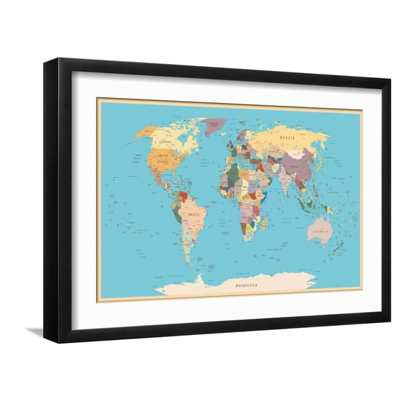 Art.com Highly Detailed World Map with Vintage Color. Art Print by frees, Black Frame Wall Art, 23" x 17"