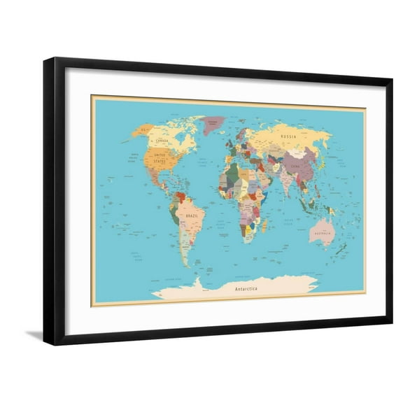 Art.com Highly Detailed World Map with Vintage Color. Art Print by frees, Black Frame Wall Art, 29" x 21"