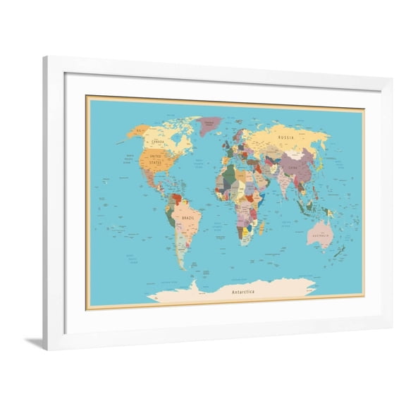 Art.com Highly Detailed World Map with Vintage Color. Art Print by frees, White Frame Wall Art, 44" x 32"