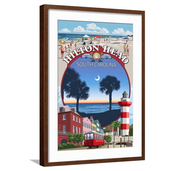 Art.com Hilton Head, South Carolina - Montage Art Print by Lantern Press, Brown Frame Wall Art, 21" x 29"