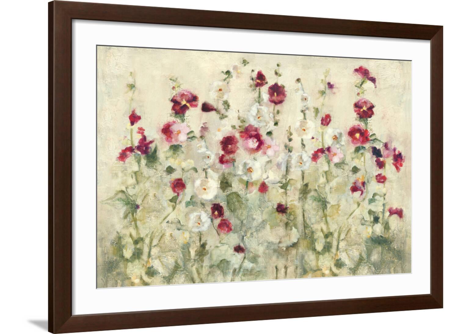 Hollyhocks Row Cool Art Print by Cheri Blum, Brown Frame Wall — free download