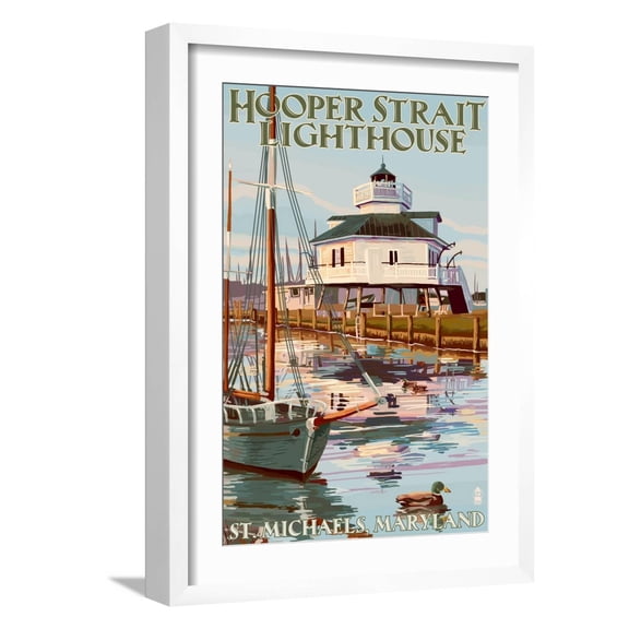 Art.com Hooper Strait Lighthouse - St. Michaels, MD Art Print by Lantern Press, White Frame Wall Art, 17" x 23"