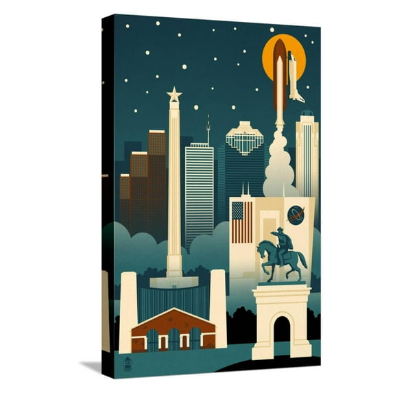 Art.com Houston, Texas - Retro Skyline (no text) Stretched Canvas Print Wall Art by Lantern Press, 12" x 18"