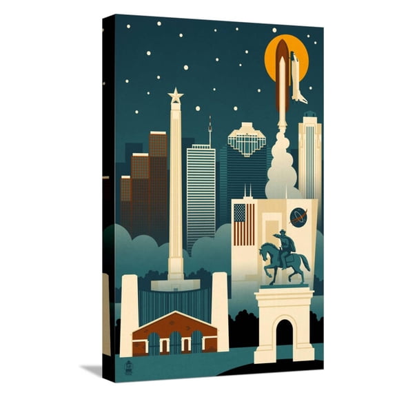 Art.com Houston, Texas - Retro Skyline (no text) Stretched Canvas Print Wall Art by Lantern Press, 12" x 18"