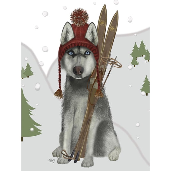 Art.com Husky Skiing Art Print by Fab Funky, 12" x 16"