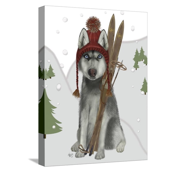 Art.com Husky Skiing Stretched Canvas Print Wall Art by Fab Funky, 12" x 16"