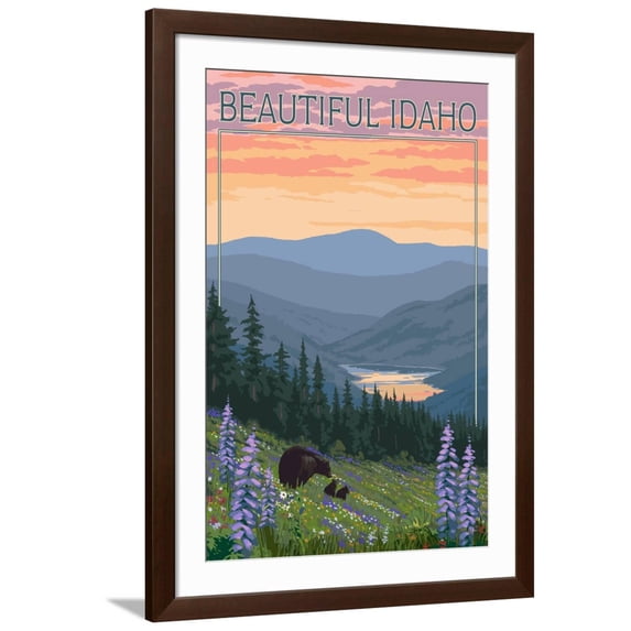 Art.com Idaho - Bear and Spring Flowers Art Print by Lantern Press, Brown Frame Wall Art, 32" x 44"