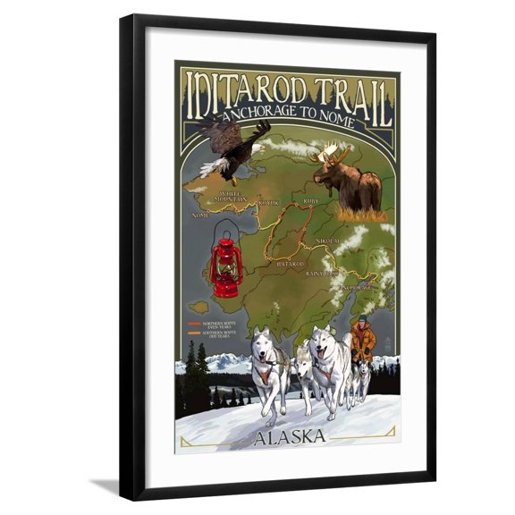 Art.com Iditarod Trail Topographic Map - Alaska Art Print by Lantern Press, Black Frame Wall Art, 21" x 29"