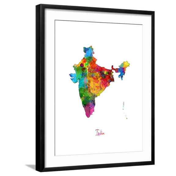 Art.com India Watercolor Map Art Print by Michael Tompsett, Black Frame Wall Art, 23" x 29"