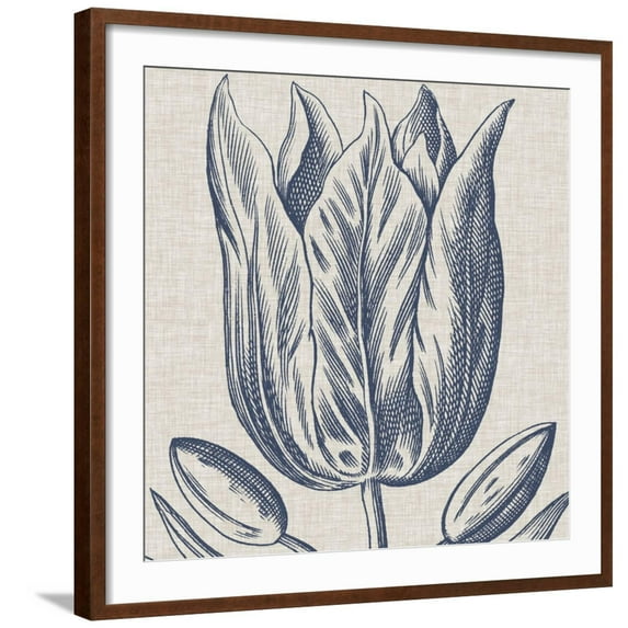 Art.com Indigo Floral on Linen VI Art Print by Vision Studio, Brown Frame Wall Art, 29" x 29"