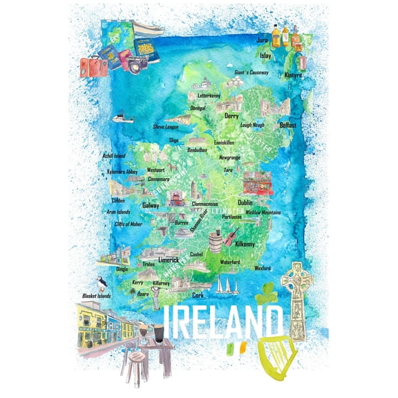 Art.com Ireland Illustrated Travel Map with Roads and Highlights Art Print by M. Bleichner, 12" x 18"