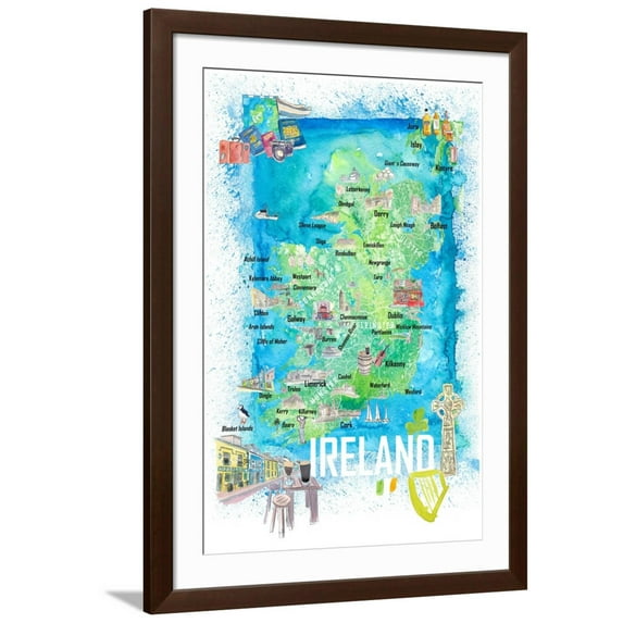 Art.com Ireland Illustrated Travel Map with Roads and Highlights Art Print by M. Bleichner, Brown Frame Wall Art, 32" x 44"