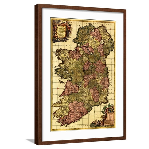 Art.com Ireland - Panoramic Map Art Print by Lantern Press, Brown Frame Wall Art, 21" x 29"