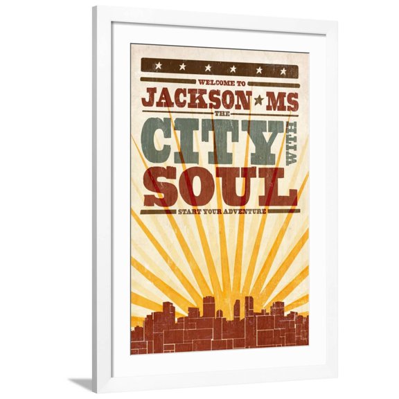 Art.com Jackson, Mississippi - Skyline and Sunburst Screenprint Style Art Print by Lantern Press, White Frame Wall Art, 32" x 44"