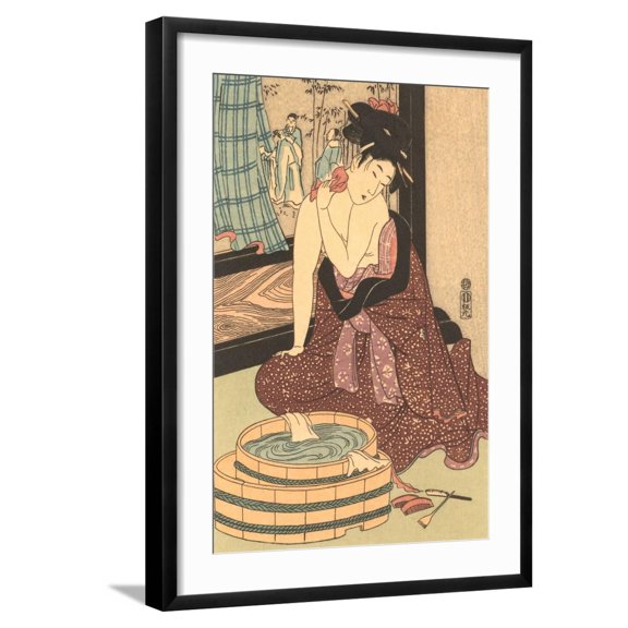 Art.com Japanese Woodblock, Lady at Bath Art Print, Black Frame Wall Art, 21" x 29"