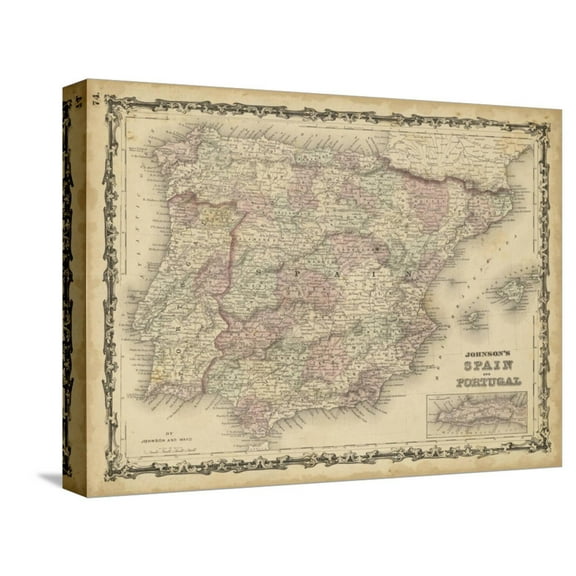 Art.com Johnson's Map of Spain & Portugal Stretched Canvas Print Wall Art, 16" x 12"