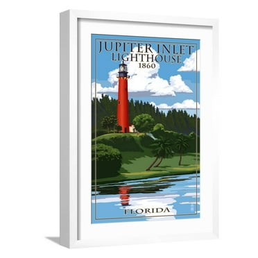 Art.com Jupiter Inlet Lighthouse - Jupiter, Florida Art Print by Lantern Press, White Frame Wall Art, 17" x 23"