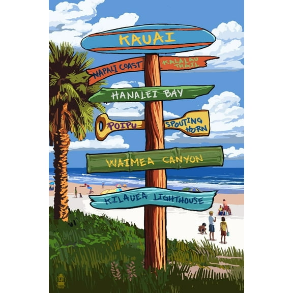 Art.com Kauai, Hawaii - Destination Signpost Art Print by Lantern Press, 12" x 18"