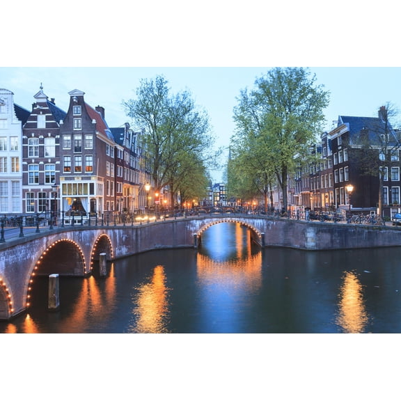 Art.com Keizersgracht and Leidsegracht Canals at Dusk, Amsterdam, Netherlands, Europe Photographic Print by Amanda Hall, 24" x 16"