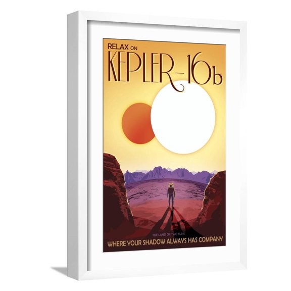 Art.com Kepler-16B Orbits a Pair of Stars in This Retro Space Poster Art Print, White Frame Wall Art, 17" x 23"