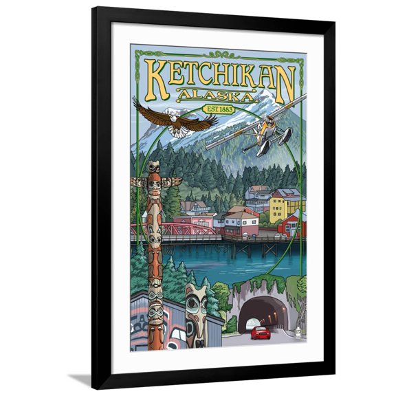 Art.com Ketchikan, Alaska Montage, c.2009 Art Print by Lantern Press, Black Frame Wall Art, 32" x 44"