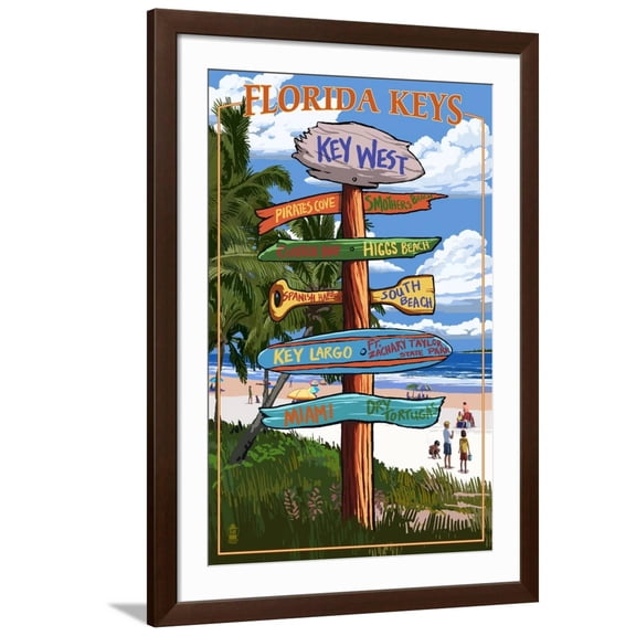 Art.com Key West, Florida - Destination Signs Art Print by Lantern Press, Brown Frame Wall Art, 32" x 44"