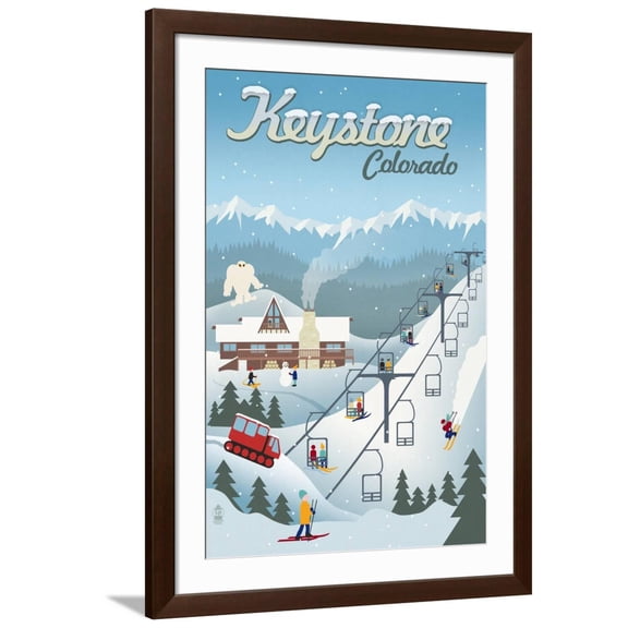 Art.com Keystone, Colorado - Retro Ski Resort Art Print by Lantern Press, Brown Frame Wall Art, 32" x 44"